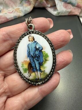 Vintage Porcelain Necklace The Blue Boy in Pewter #101PO